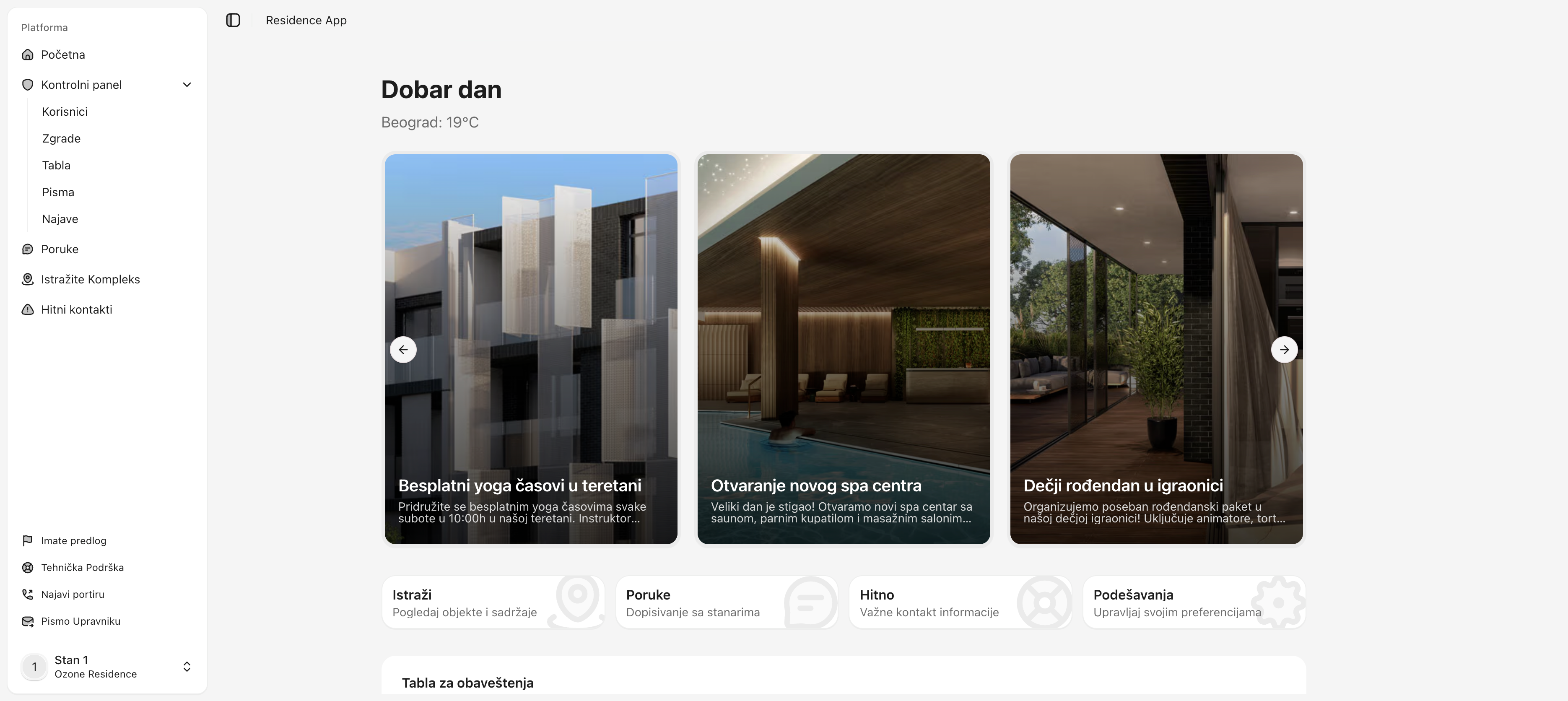 Residence App Dashboard - Desktop verzija